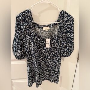 LOFT Dark Blue and White Floral Blouse